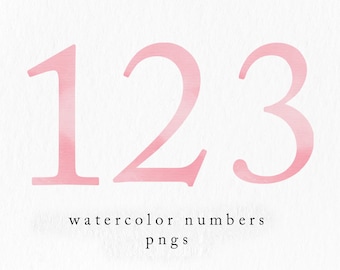 May include: Watercolor numbers 1, 2, and 3 in a light pink color. The numbers are on a white background with the text "watercolor numbers pngs" below.