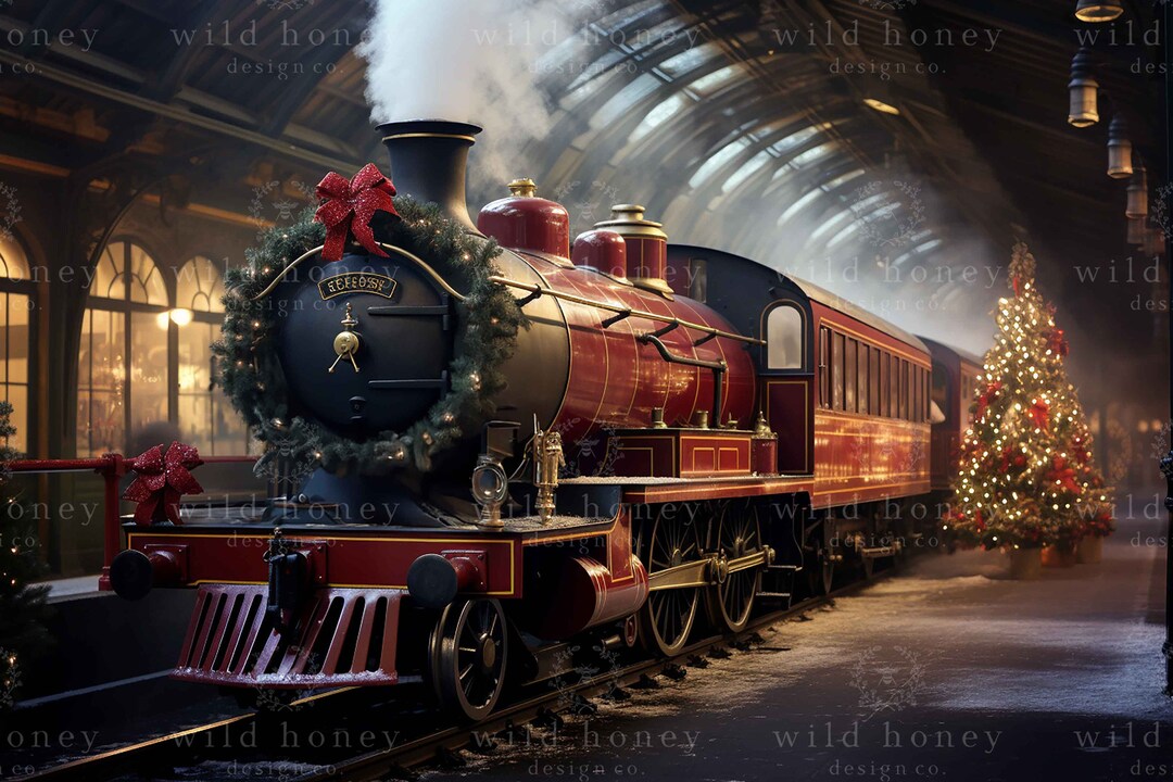 Christmas Steam Train Digital Backdrop Train Station Wreath Etsy