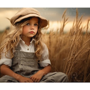May include: A young girl with long blonde hair wears a brown newsboy cap and a light brown overall dress. She is sitting in a field of tall, dry grass.