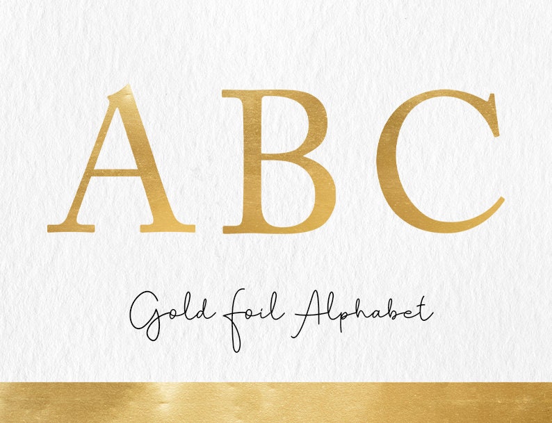 Op de afbeelding: Gouden folie alfabet letters A, B en C op een witte achtergrond met de tekst "Gold foil Alphabet" eronder.