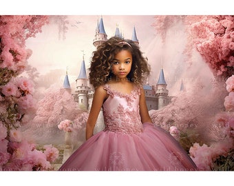 Painted Princess Castle Digital Backdrop, Palace, Pink Flowers, Fairytale Background for Photography, Composite