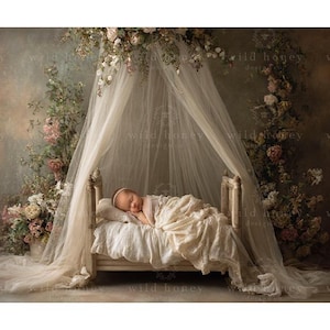 May include: A newborn baby sleeps peacefully in a vintage-style bed draped with a sheer canopy. The bed is adorned with soft, cream-colored linens. The scene is decorated with floral arrangements in shades of pink and white, creating a serene and dreamy atmosphere.