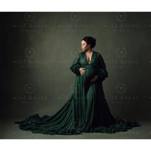 May include: A dark green maternity gown with a plunging neckline and long sleeves with ruffled cuffs. The dress has a flowing skirt and train. The background has the text "wild honey design co."