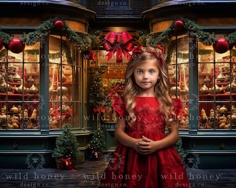 Christmas Store Digital Backdrop, Toy Shop, Store, Cobbled Street, Winter, Snow, Victorian, Background for Photography, Xmas, Festive