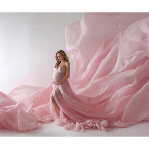 May include: A pregnant person wearing a flowing, strapless pink maternity gown. The gown is made of soft fabric that drapes around the person. The background is a soft white, with the words "wild honey designs" in the background.