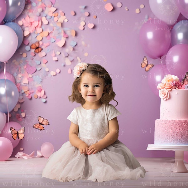 Schmetterlings-Kuchen zerschlagen digitaler Hintergrund, rosa, Luftballons, Geburtstag, Kuchen, Cupcakes, Studio, Baby, digitaler Hintergrund