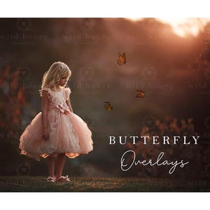 Könnte beinhalten: Ein hellrosa Kleid mit Spitzenbesatz, getragen von einem Kind, das auf Gras steht. Drei orangefarbene Schmetterlinge sind in der Luft zu sehen. Der Text "BUTTERFLY Overlays" ist in Weiß dargestellt, zusammen mit einem "wild honey design co" Wasserzeichen.