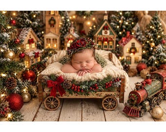 May include: A newborn infant rests inside a wooden wagon decorated with green pine branches, red berries, and a red velvet bow. The infant wears a floral headband. A vintage-style toy train and miniature illuminated houses sit nearby.