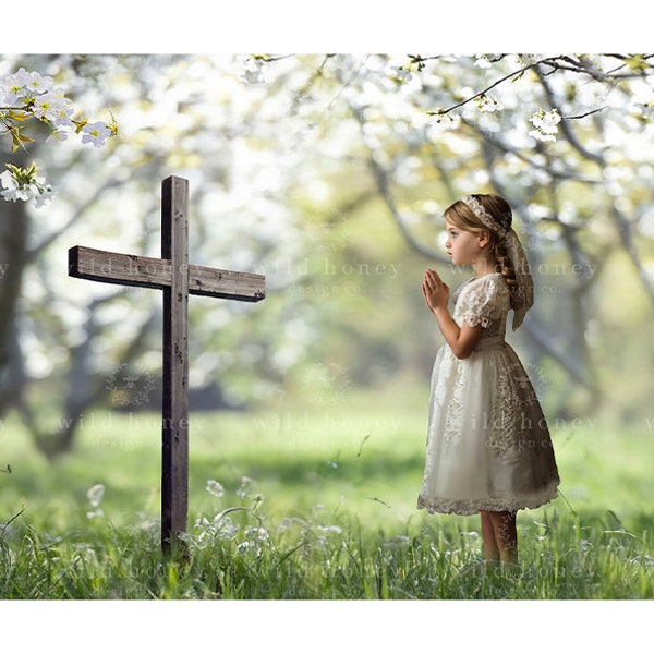 Crucifix Cross Digital Backdrop, Holy Communion, Grass Meadow, Easter Cross, White Blossom, Orchard, Portrait Photography