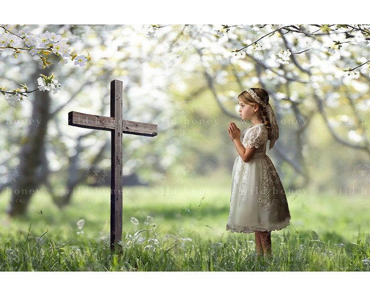 Crucifix Cross Digital Backdrop, Holy Communion, Grass Meadow, Easter Cross, White Blossom, Orchard, Portrait Photography