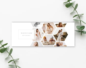 Puede incluir: Un banner para White Farm fotografía con un collage de fotos de familias y niños en una cuadrícula hexagonal.