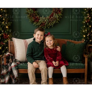Fond numérique de banc de Noël : Studio de Noël vert (Téléchargement numérique)