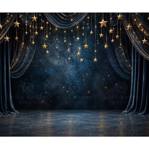 May include: A photography backdrop featuring deep navy blue velvet curtains draped on both sides. The center displays a dark, textured wall illuminated by numerous hanging gold stars and small glowing fairy lights, creating a celestial scene.
