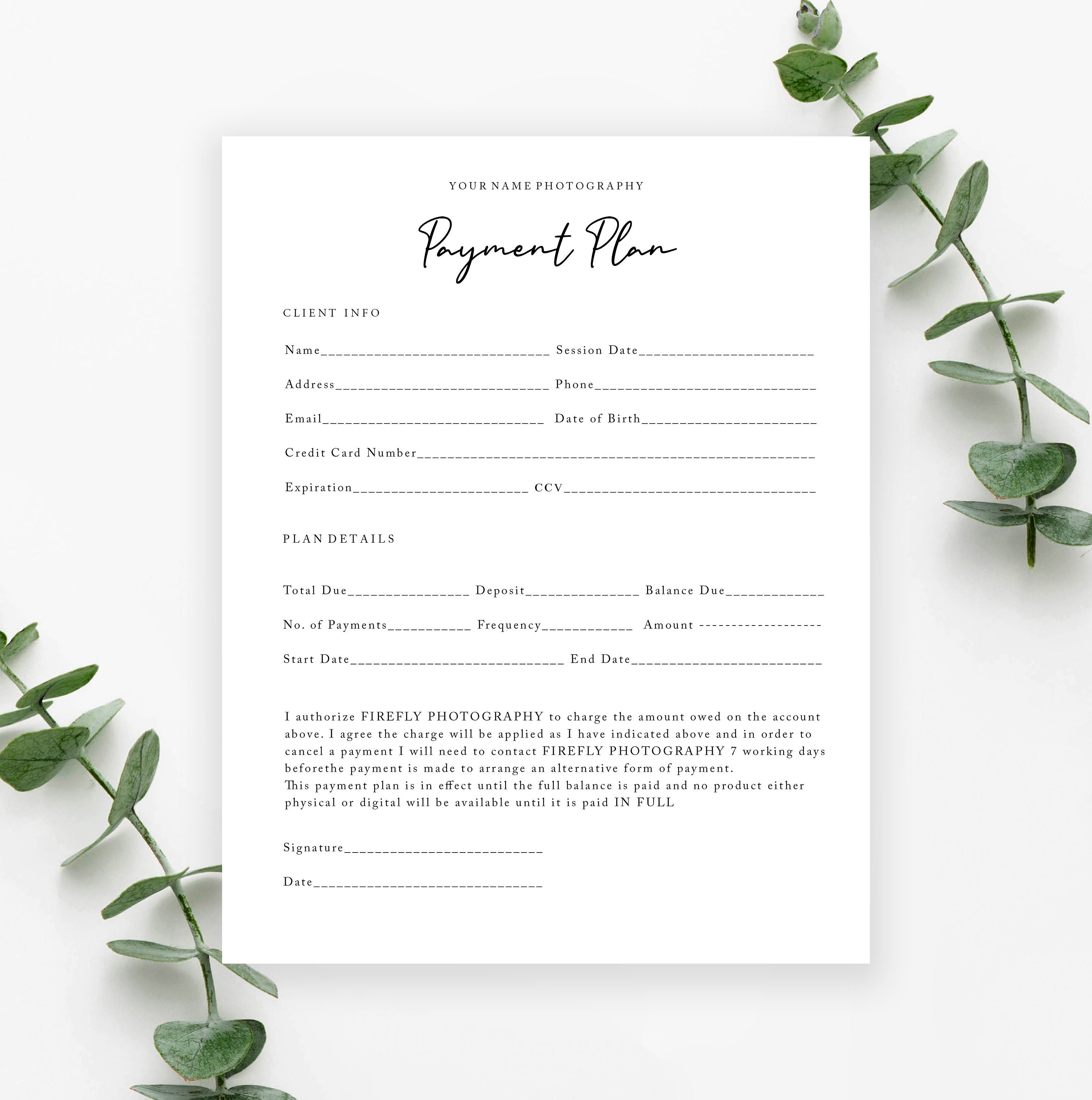 Photography Payment Plan Form for PHOTOSHOP and ms WORD, Template, Client Payment, Photography Form, PSD