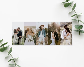 Puede incluir: Un collage de cinco fotografías que muestran a una pareja en varias poses durante su sesión de fotos de compromiso. La pareja está vestida con atuendos informales, que incluyen un vestido blanco, una chaqueta vaquera y un traje negro. Las fotos se tomaron en un campo con hierba alta y un fondo de puesta de sol.