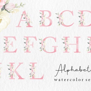 Clipart acquerello alfabeto floreale rosa, uso commerciale, rose, foglie, lettere illustrate, dalla A alla Z, piante, illustrazioni, disegni