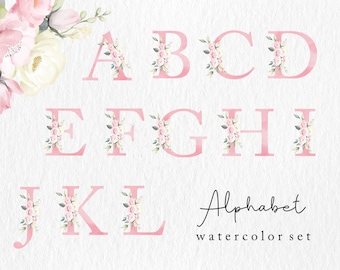 Pink Floral Alphabet Watercolor Clipart, Commercial Use, Roses, Leaves, Illustrated Letters, A-Z, Plant, Illustrations, Drawings