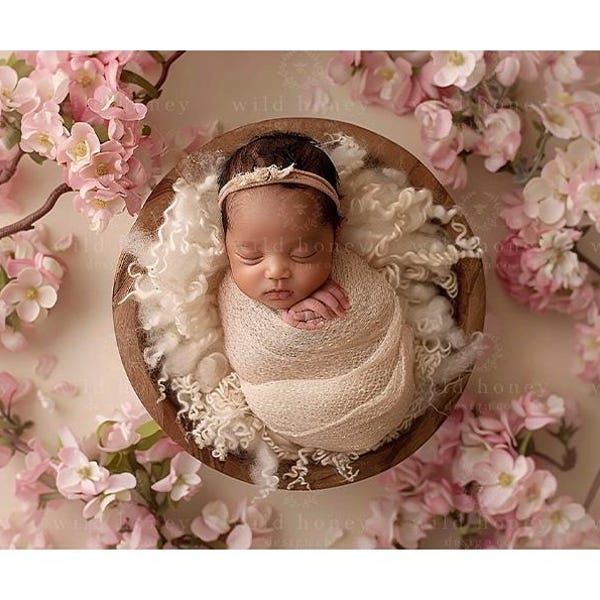 Pink Flowers Newborn Photography: Above, Wood Bowl (Digital Download)