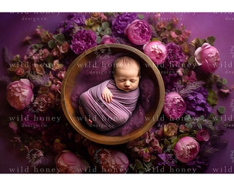 Purple Flowers Newborn Digital Backdrop, Wooden Bowl, Overhead, Above, Digital Background, Newborn Baby Photography