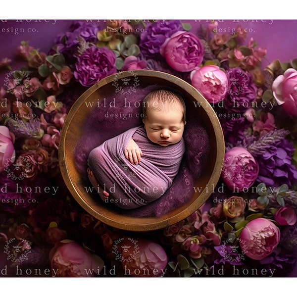 Purple Flowers Newborn Digital Backdrop, Wooden Bowl, Overhead, Above, Digital Background, Newborn Baby Photography