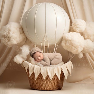 Neugeborener Heißluftballon digitaler Hintergrund, Creme, Wolken, Korb, Wimpelkette, digitaler Hintergrund, Fotografie