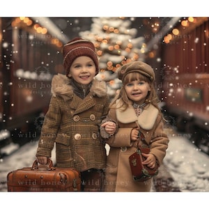 Christmas Train Digital Backdrop, Polar Express, Lantern, Photography Background, Winter, Snow, Steam Train, Christmas Tree, Child