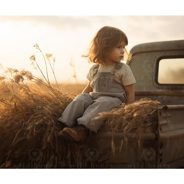 Rusty Truck Digital Backdrop, Vintage, Field, Wheat, Golden Haze, Sunlight, Countryside, Portrait Photography, Digital Background