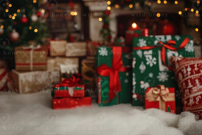 Christmas Room Digital Backdrop, Lights, Bokeh, Rug, Fireplace, Baubles