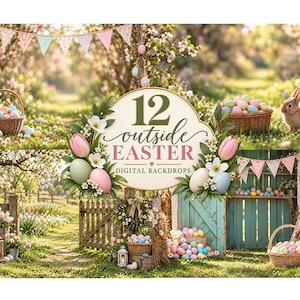 May include: A collection of 12 Easter digital backdrops featuring outdoor garden scenes with wicker baskets filled with pastel-colored eggs, blooming spring flowers, green grass, wooden fences, bunting flags, and a brown rabbit in a meadow.