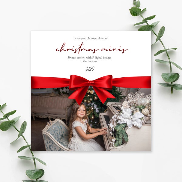 Christmas Session Marketing Template. Red Bow, Minis, Xmas minis, Holiday minis, Photography Session flyer, digital download