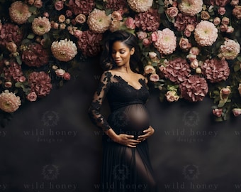 Pink Flower Black Studio Digital Backdrop, Flower Wall, Digital Background, Maternity, Pregnant, Portrait Photography