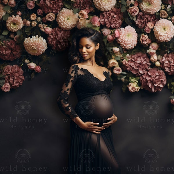 Pink Flower Black Studio Digital Backdrop, Flower Wall, Digital Background, Maternity, Pregnant, Portrait Photography