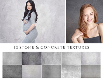 May include: Ten different stone and concrete textures in a collage. The textures are all in shades of gray and white.