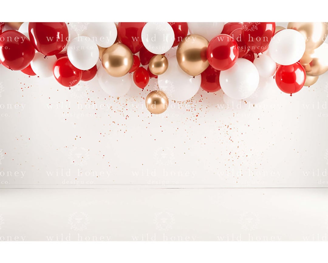 Red and Gold Balloon Studio Digital Backdrop, White Balloons, White