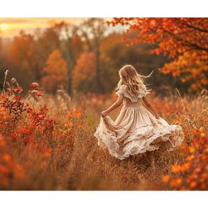 May include: A beige dress with a ruffled skirt and lace trim details, worn by a person with long blonde hair standing in a field of tall dry grass and autumn foliage with orange and red leaves under a soft sunset light.