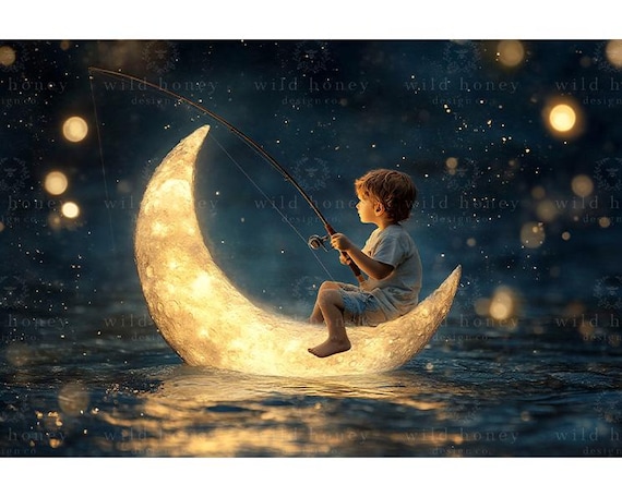 Crescent Moon in Water Digital Backdrop: Fantasy, Fishing (digital
