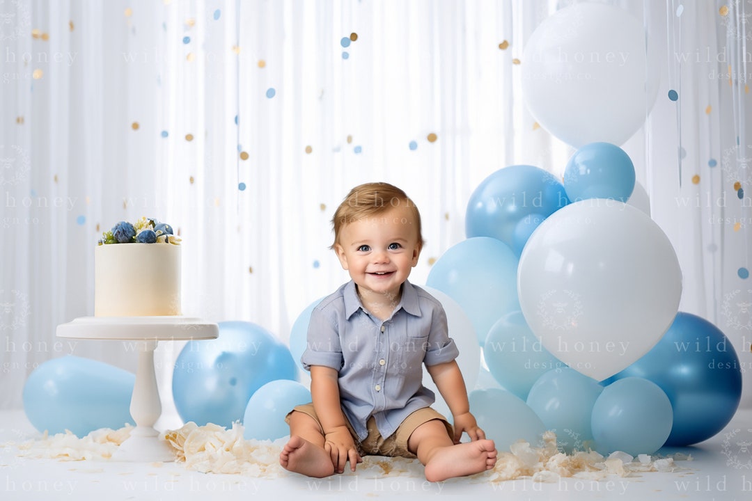 Blue Cake Smash Digital Backdrop, Balloons, Boy, Birthday, Cake, Sheer