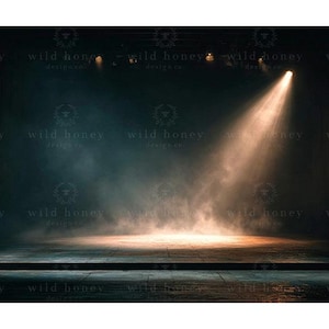 Könnte beinhalten: Eine dunkle Theaterbühne mit einem einzelnen hellen Scheinwerfer, der auf den Boden strahlt und einen Lichtkegel inmitten von dichtem Dunst und Schatten erzeugt. Das Bild enthält den wiederholten Wasserzeichentext wild honey design co.