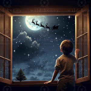 May include: A child gazes out a wooden window at a nighttime sky filled with stars and a full moon. Santa Claus and his reindeer are silhouetted against the moon. A small Christmas tree sits on the windowsill.