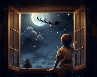 Weihnachten Fenster Digitaler Hintergrund, Nikolaus Schlitten, Rentier, Fotografie Hintergrund, Heiligabend, Schnee, Kinder