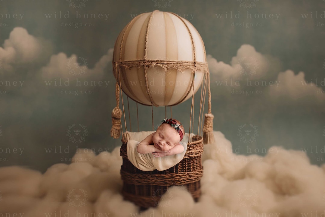 Hot Air Balloon Digital Backdrop, Clouds, Books, Vintage, Digital