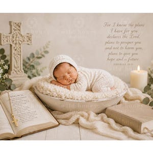 Fondo digital cristiano para bebé recién nacido: Cruz, Biblia, palma, versículo bíblico (descarga digital)