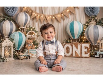 First Birthday Digital Backdrop: Beige, Hot Air Balloon, Banner, Studio (Digital Download)