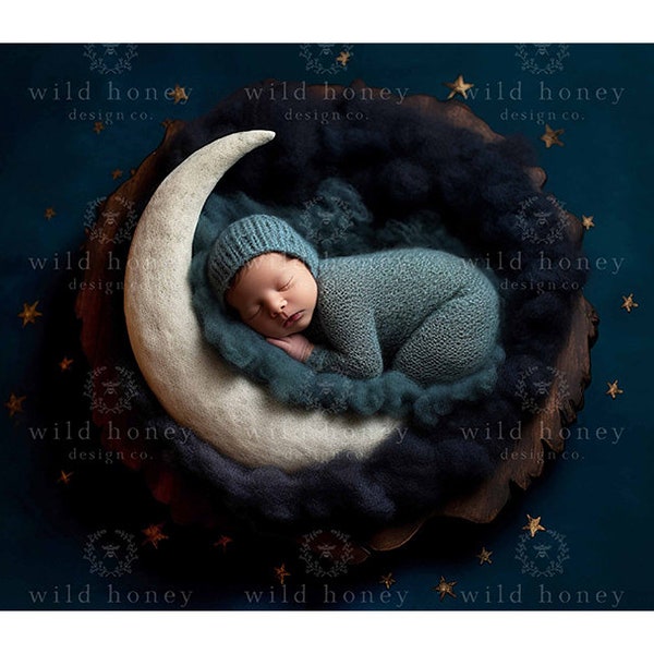 Newborn Moon Digital Backdrop, Soft Moon, Gold Stars, Wood Bowl, Night, Blue Rug, Newborn Photography, Overhead, Composite