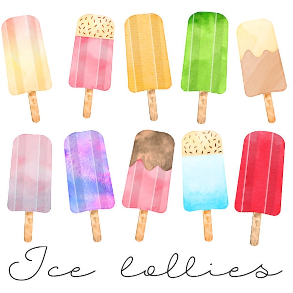Summer Lollies Watercolor Clipart, Commercial Use, Illustrations, Ice Lollies, Popsicles, Ice Pops, Desserts, Summer, Digital Download