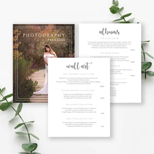 Photography Packages Pricing Brochure, Investment, Photography pricing. A La Carte, Products, Wall Art, Albums, Photoshop PSD Template