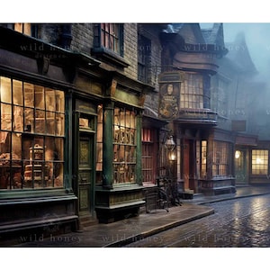 Magical Alley Digital Backdrop, Witch, Wizard, Victorian, Magic, Halloween, Night, Photography Background