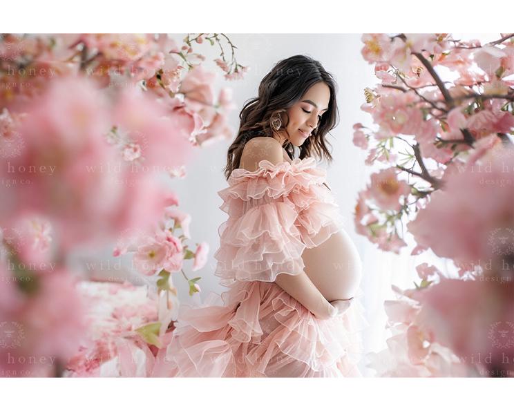 Pink Flowers Studio Digital Backdrop, White Studio, Blossom, Maternity, Digital Background