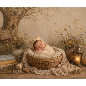 May include: A newborn infant wrapped in a cream-colored knit blanket and wearing a matching bear-ear bonnet, resting inside a woven wicker basket. The scene includes a stack of three books, a wooden honey dipper, and a lit lantern.
