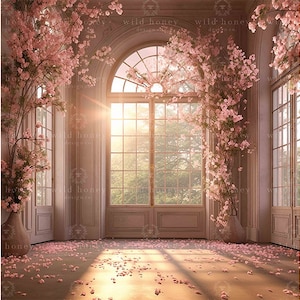 Pink Flower Room Digital Backdrop, Arch Window, Grand Room, Pink and White, Digital Background, Maternity, Pregnant, Portrait Photography